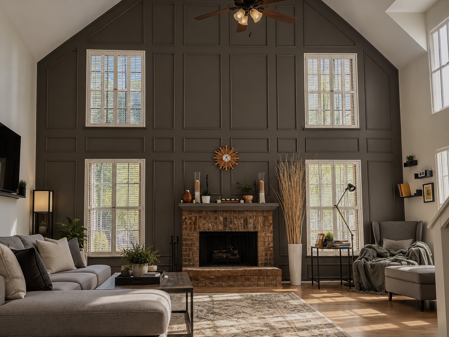 Two-story living room with a full-height paneled accent wall framing the windows and fireplace