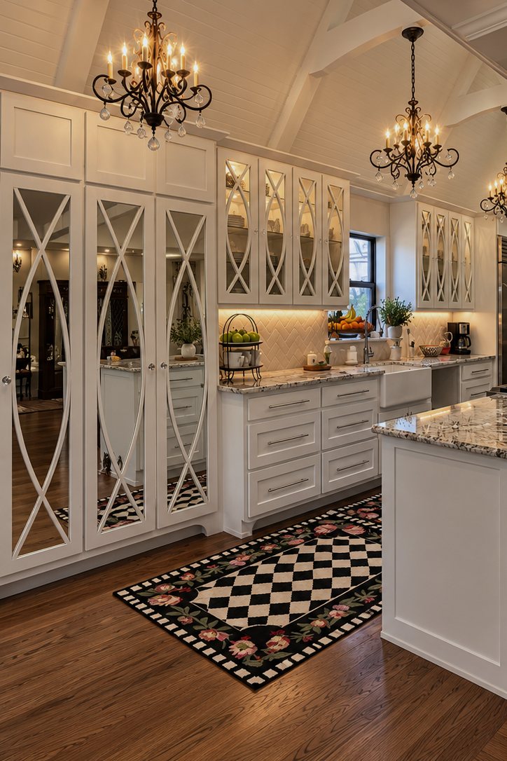 White kitchen with mirrored arch-pattern pantry doors, glass-front uppers, a farmhouse sink and wrought-iron chandeliers